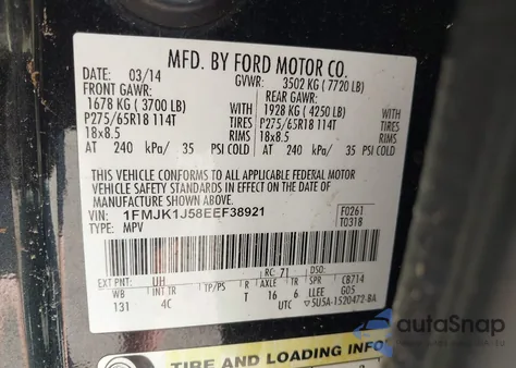 2014 Ford Expedition El Xlt z USA, uszkodzony, nr VIN 1FMJK1J58EEF38921